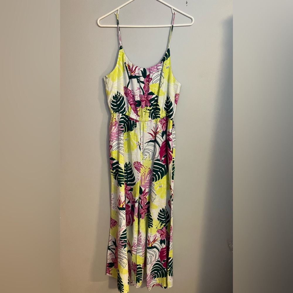 Nicole Miller Tropical Wide Leg Jumpsuit Overalls Women M Linen Blend Pockets